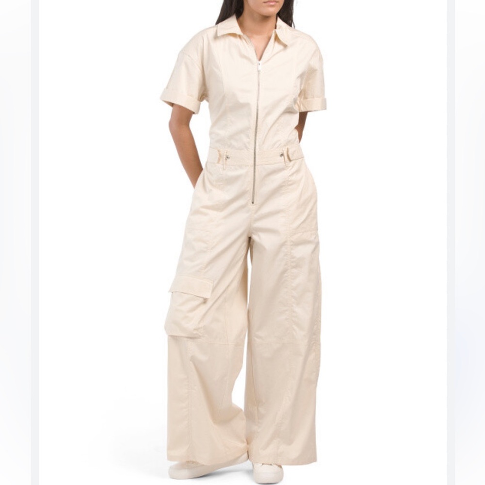 ZARA NWOT Women's Beige Cotton Cargo Utility Wide Leg Zip Jumpsuit